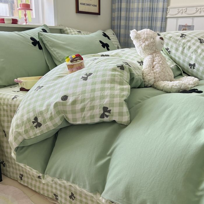 91家纺网 家纺一手货源 找家纺 喜颜 2025新款超柔水洗糯糯棉爆款毛巾绣四件套学生宿舍三件套 蝴蝶结-香草绿