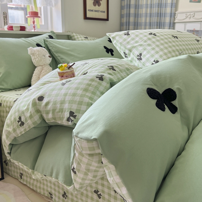 91家纺网 家纺一手货源 找家纺 喜颜 2025新款超柔水洗糯糯棉爆款毛巾绣四件套学生宿舍三件套 蝴蝶结-香草绿