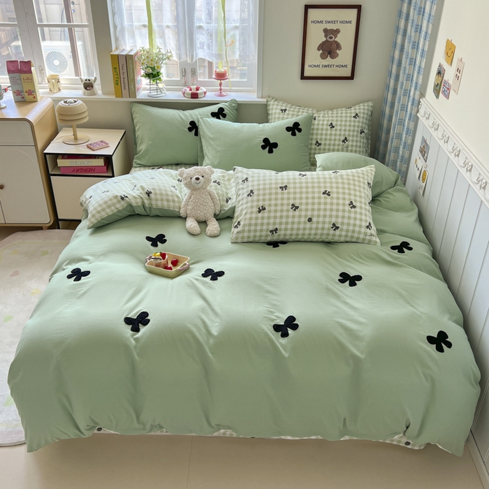 91家纺网 家纺一手货源 找家纺 喜颜 2025新款超柔水洗糯糯棉爆款毛巾绣四件套学生宿舍三件套 蝴蝶结-香草绿