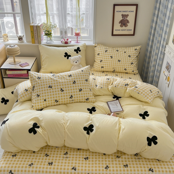 91家纺网 家纺一手货源 找家纺 喜颜 2025新款超柔水洗糯糯棉爆款毛巾绣四件套学生宿舍三件套 蝴蝶结-芝士黄