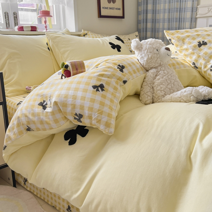 91家纺网 家纺一手货源 找家纺 喜颜 2025新款超柔水洗糯糯棉爆款毛巾绣四件套学生宿舍三件套 蝴蝶结-芝士黄