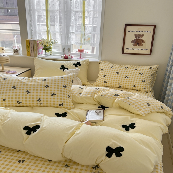 91家纺网 家纺一手货源 找家纺 喜颜 2025新款超柔水洗糯糯棉爆款毛巾绣四件套学生宿舍三件套 蝴蝶结-芝士黄