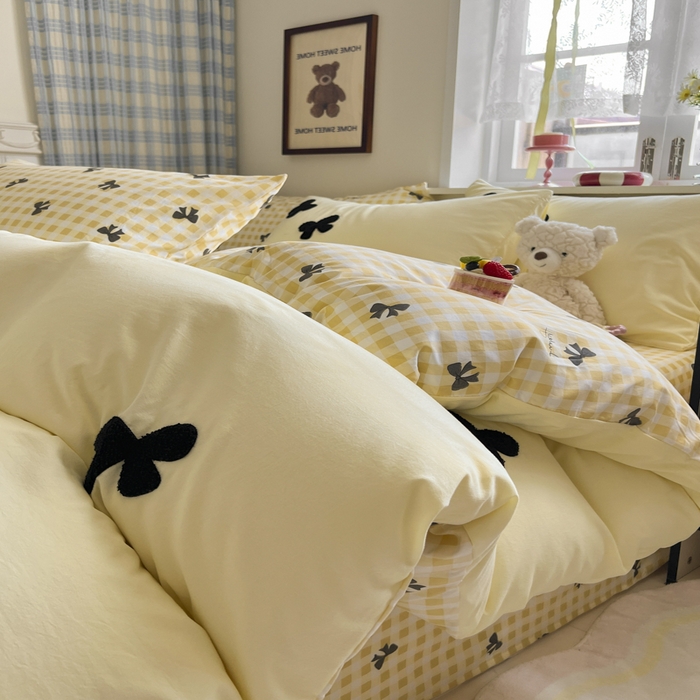 91家纺网 家纺一手货源 找家纺 喜颜 2025新款超柔水洗糯糯棉爆款毛巾绣四件套学生宿舍三件套 蝴蝶结-芝士黄