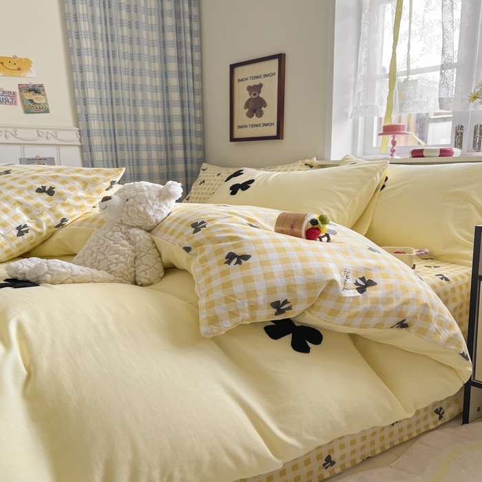 91家纺网 家纺一手货源 找家纺 喜颜 2025新款超柔水洗糯糯棉爆款毛巾绣四件套学生宿舍三件套 蝴蝶结-芝士黄