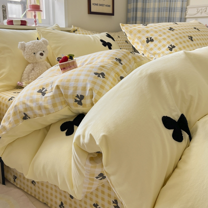 91家纺网 家纺一手货源 找家纺 喜颜 2025新款超柔水洗糯糯棉爆款毛巾绣四件套学生宿舍三件套 蝴蝶结-芝士黄