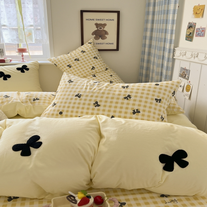 91家纺网 家纺一手货源 找家纺 喜颜 2025新款超柔水洗糯糯棉爆款毛巾绣四件套学生宿舍三件套 蝴蝶结-芝士黄