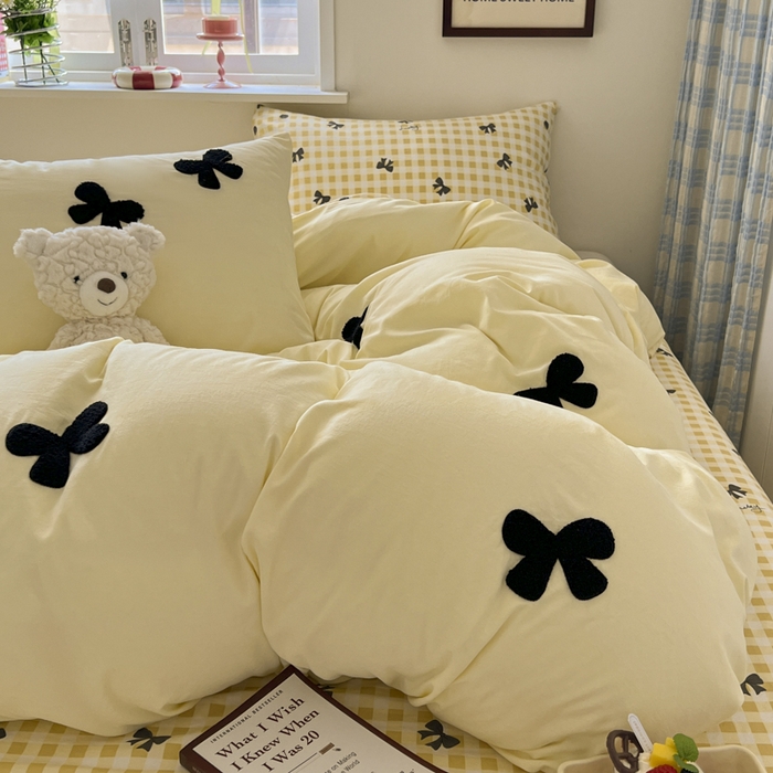 91家纺网 家纺一手货源 找家纺 喜颜 2025新款超柔水洗糯糯棉爆款毛巾绣四件套学生宿舍三件套 蝴蝶结-芝士黄