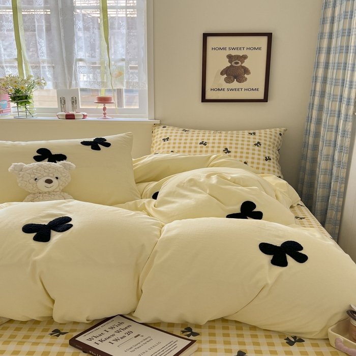 91家纺网 家纺一手货源 找家纺 喜颜 2025新款超柔水洗糯糯棉爆款毛巾绣四件套学生宿舍三件套 蝴蝶结-芝士黄