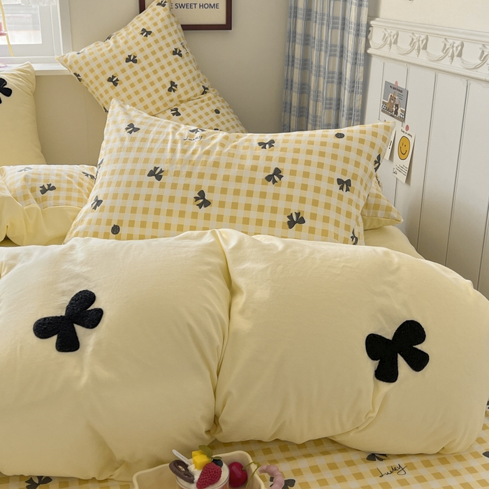 91家纺网 家纺一手货源 找家纺 喜颜 2025新款超柔水洗糯糯棉爆款毛巾绣四件套学生宿舍三件套 蝴蝶结-芝士黄