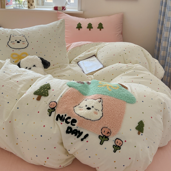 91家纺网 家纺一手货源 找家纺 喜颜 2025新款超柔水洗糯糯棉爆款毛巾绣四件套学生宿舍三件套 家有小熊