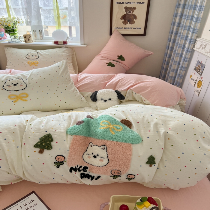 91家纺网 家纺一手货源 找家纺 喜颜 2025新款超柔水洗糯糯棉爆款毛巾绣四件套学生宿舍三件套 家有小熊