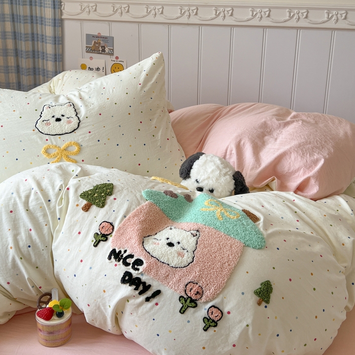 91家纺网 家纺一手货源 找家纺 喜颜 2025新款超柔水洗糯糯棉爆款毛巾绣四件套学生宿舍三件套 家有小熊
