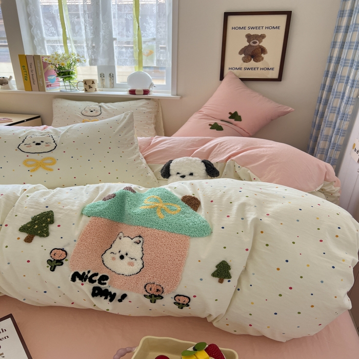 91家纺网 家纺一手货源 找家纺 喜颜 2025新款超柔水洗糯糯棉爆款毛巾绣四件套学生宿舍三件套 家有小熊