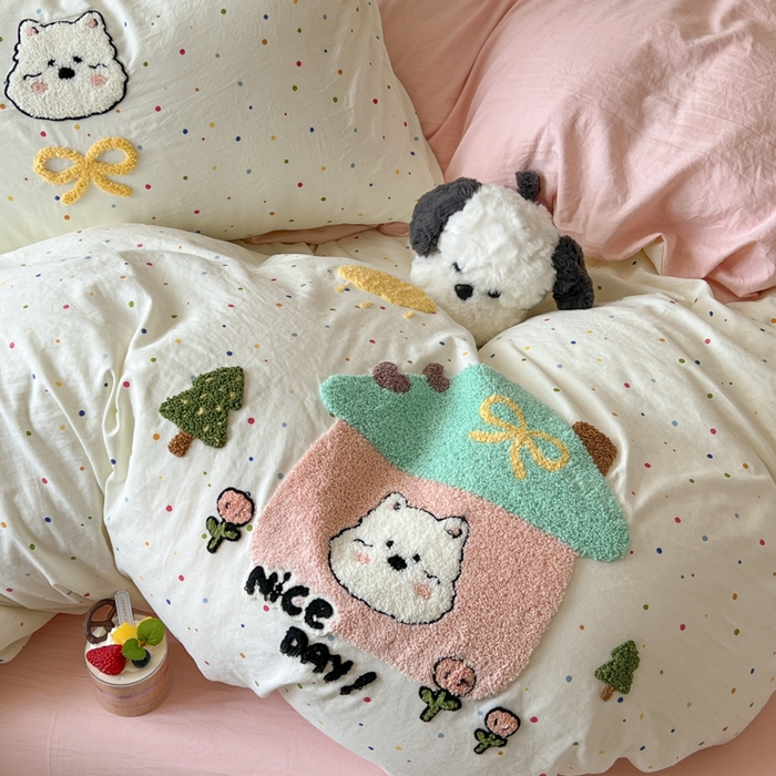 91家纺网 家纺一手货源 找家纺 喜颜 2025新款超柔水洗糯糯棉爆款毛巾绣四件套学生宿舍三件套 家有小熊