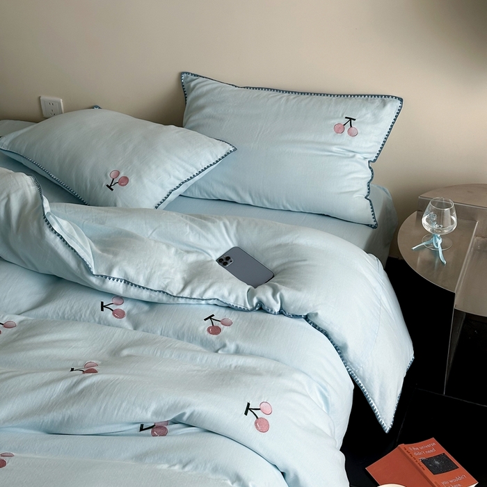 91家纺网 家纺一手货源 找家纺 西西家居2025新款A类超柔有氧双层纱四件套-樱桃（券后不低于328） 樱桃-蓝