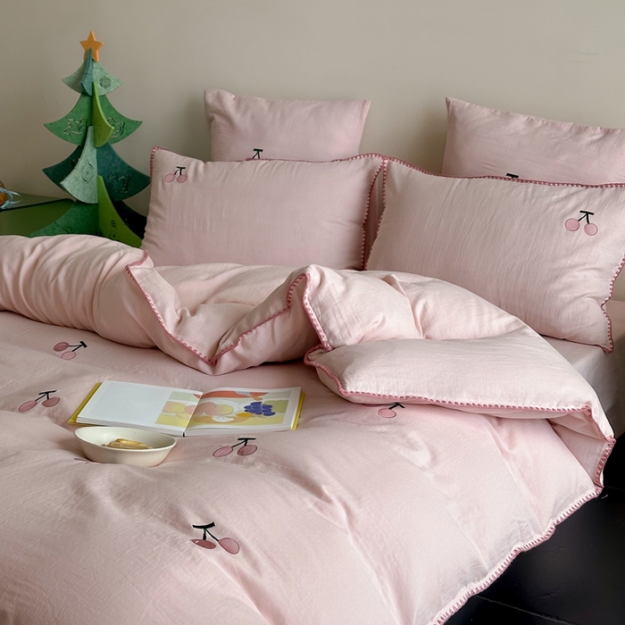 西西家居2025新款A类超柔有氧双层纱四件套-樱桃（券后不低于328） 樱桃-粉