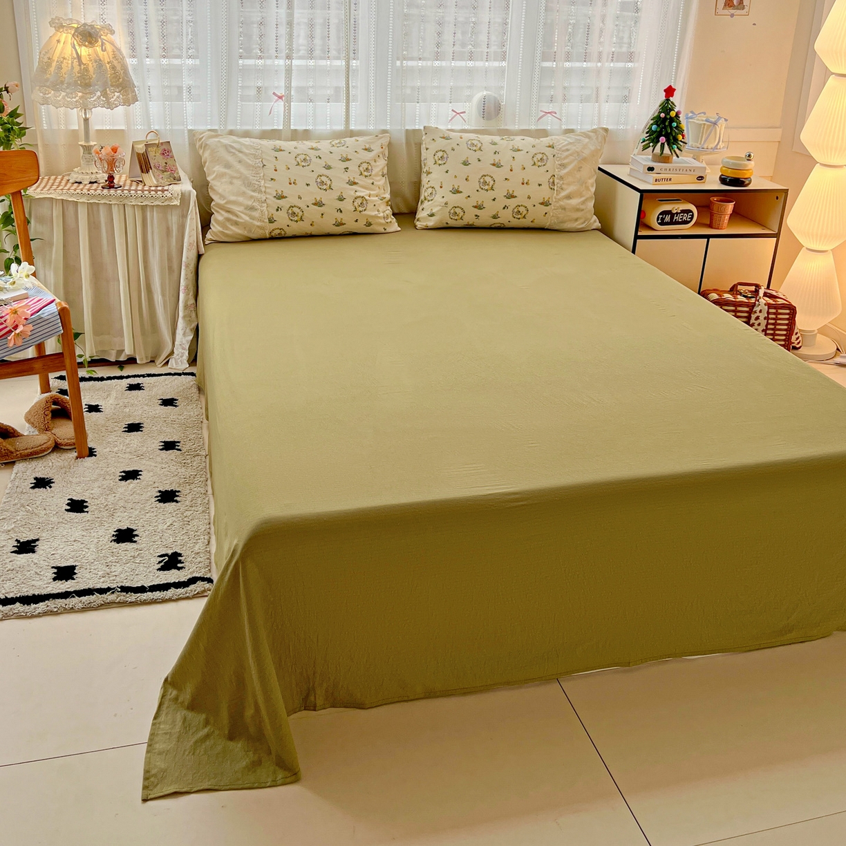 91家纺网 家纺一手货源 找家纺 喜颜 2025新款云感木棉双层纱贴布花边爆款四件套 多多兔-（贴布花边）