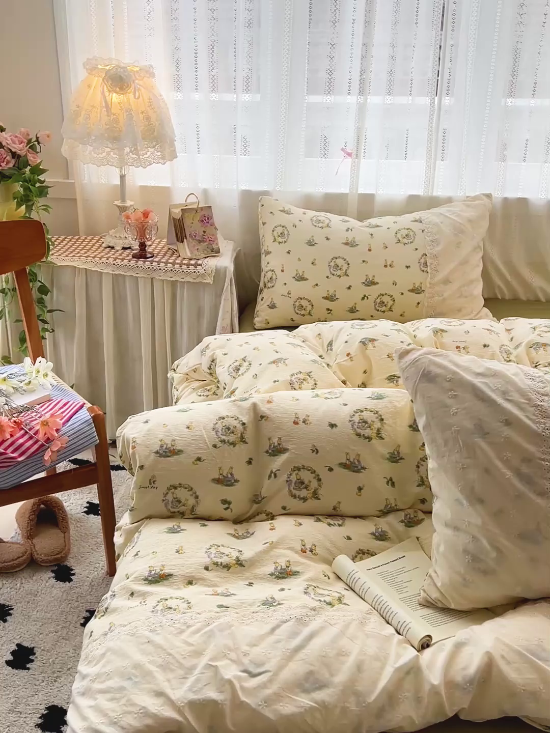 91家纺网 家纺一手货源 找家纺 喜颜 2025新款云感木棉双层纱贴布花边爆款四件套 多多兔-（贴布花边）