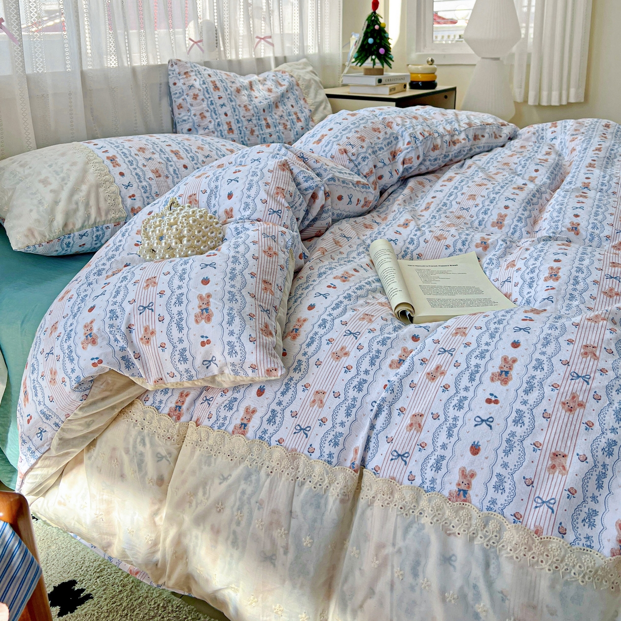 91家纺网 家纺一手货源 找家纺 喜颜 2025新款云感木棉双层纱贴布花边爆款四件套 发式庄园-（贴布花边）