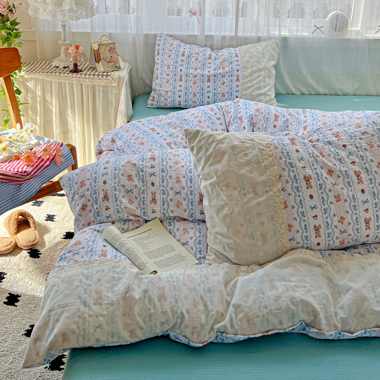 91家纺网 家纺一手货源 找家纺 喜颜 2025新款云感木棉双层纱贴布花边爆款四件套 发式庄园-（贴布花边）