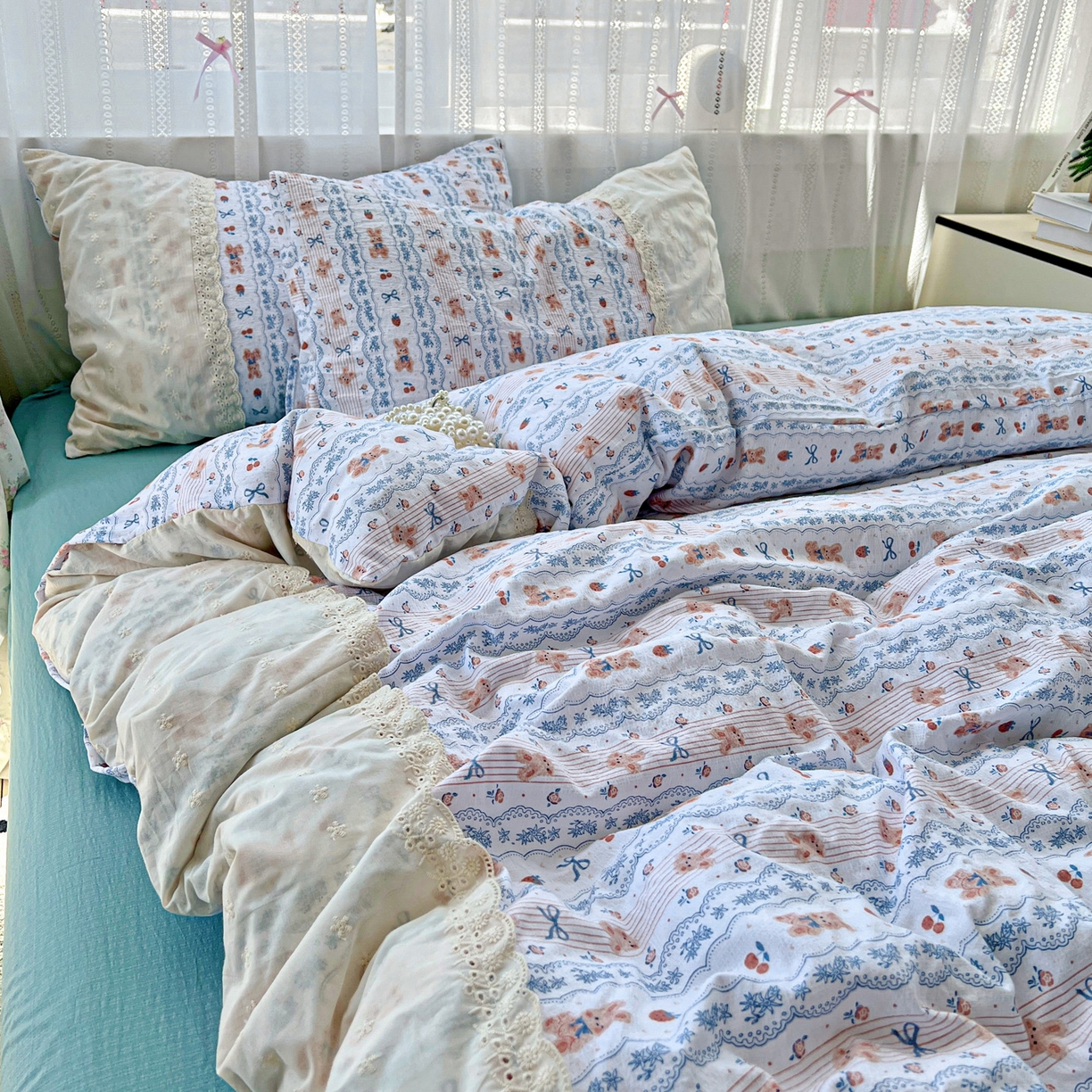 91家纺网 家纺一手货源 找家纺 喜颜 2025新款云感木棉双层纱贴布花边爆款四件套 发式庄园-（贴布花边）