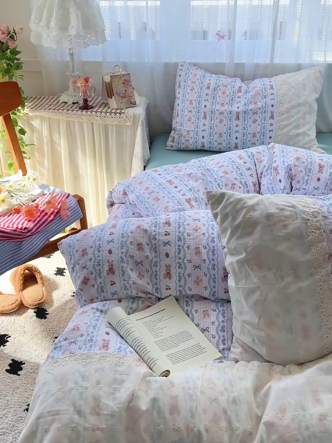 91家纺网 家纺一手货源 找家纺 喜颜 2025新款云感木棉双层纱贴布花边爆款四件套 发式庄园-（贴布花边）