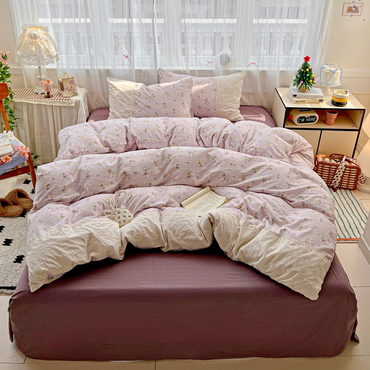 91家纺网 家纺一手货源 找家纺 喜颜 2025新款云感木棉双层纱贴布花边爆款四件套 荔纱-（贴布花边）