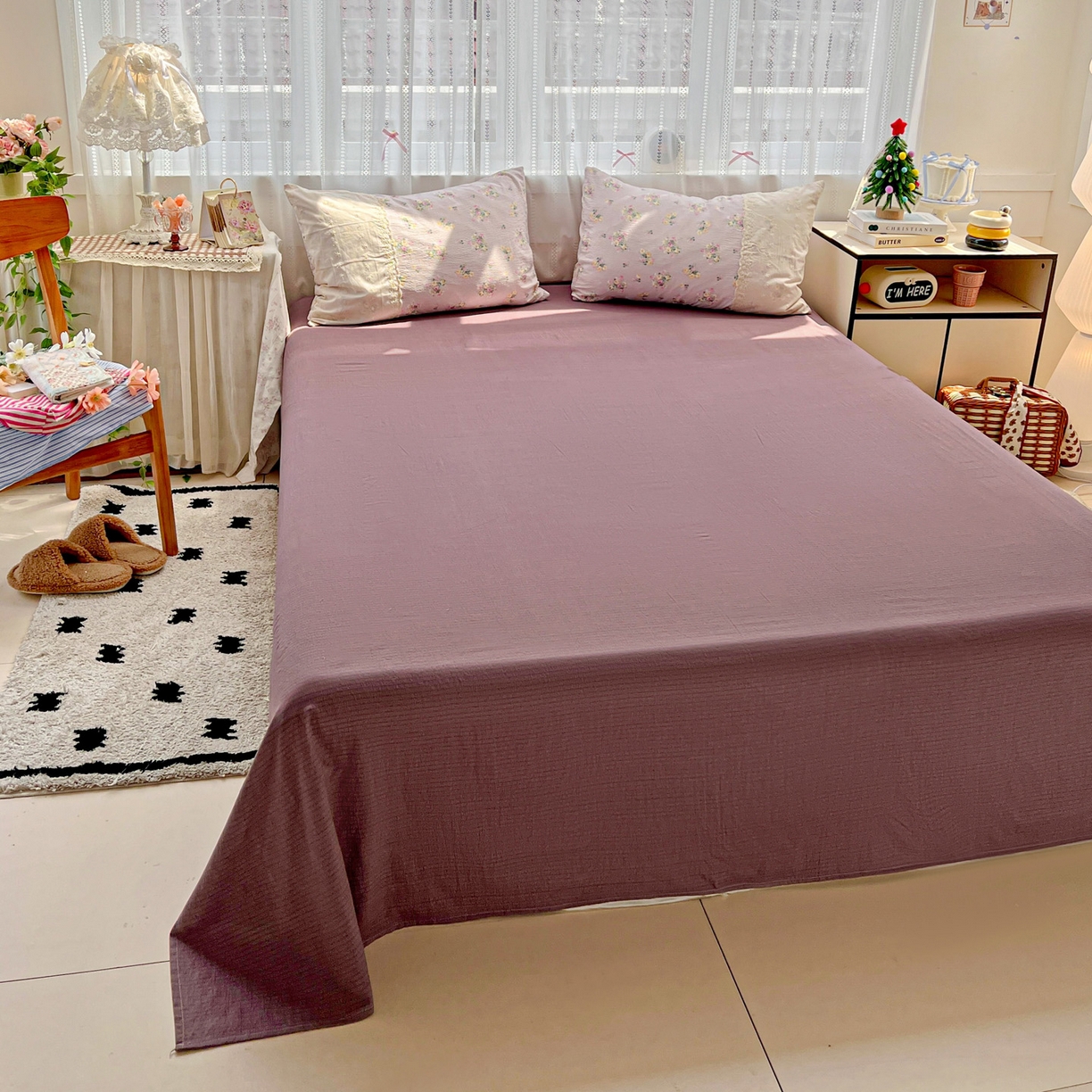 91家纺网 家纺一手货源 找家纺 喜颜 2025新款云感木棉双层纱贴布花边爆款四件套 荔纱-（贴布花边）