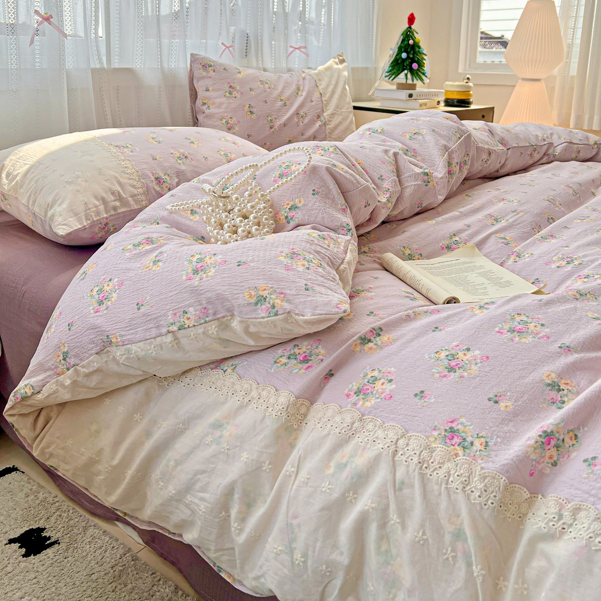 91家纺网 家纺一手货源 找家纺 喜颜 2025新款云感木棉双层纱贴布花边爆款四件套 荔纱-（贴布花边）