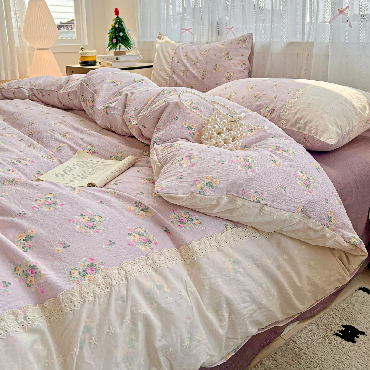 91家纺网 家纺一手货源 找家纺 喜颜 2025新款云感木棉双层纱贴布花边爆款四件套 荔纱-（贴布花边）