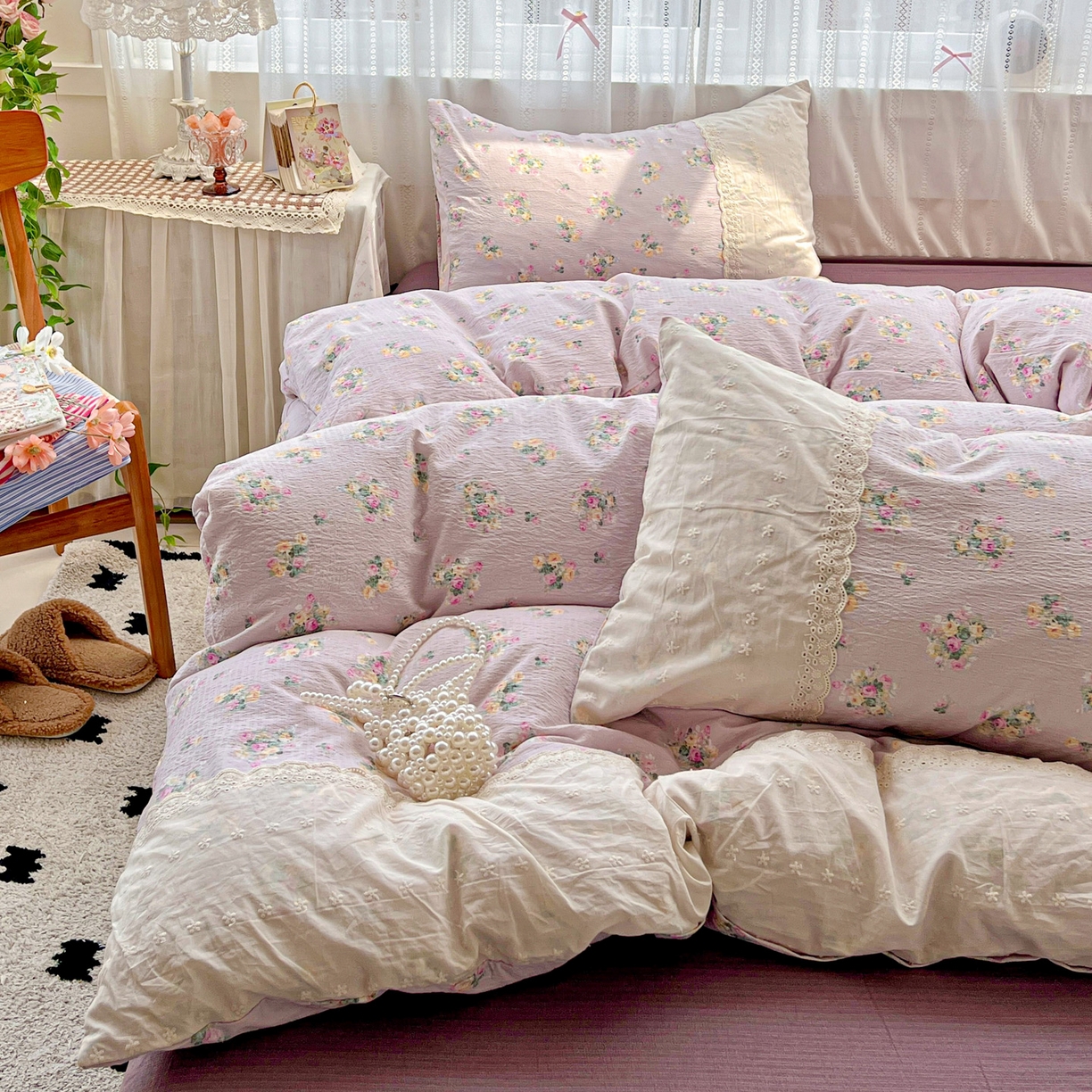 91家纺网 家纺一手货源 找家纺 喜颜 2025新款云感木棉双层纱贴布花边爆款四件套 荔纱-（贴布花边）