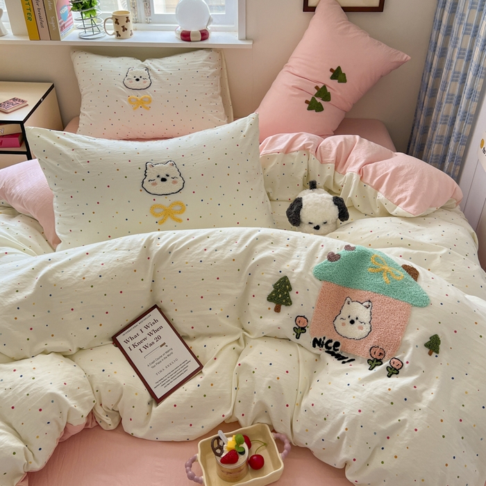 91家纺网 家纺一手货源 找家纺 喜颜 2025新款超柔水洗糯糯棉爆款毛巾绣四件套学生宿舍三件套 家有小熊