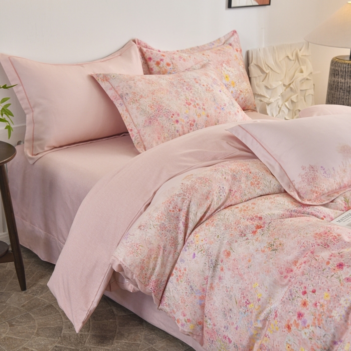 91家纺网 家纺一手货源 找家纺 磨毛世家家纺2025新款金太阳铂金四件套加厚四件套 蔓丘-粉