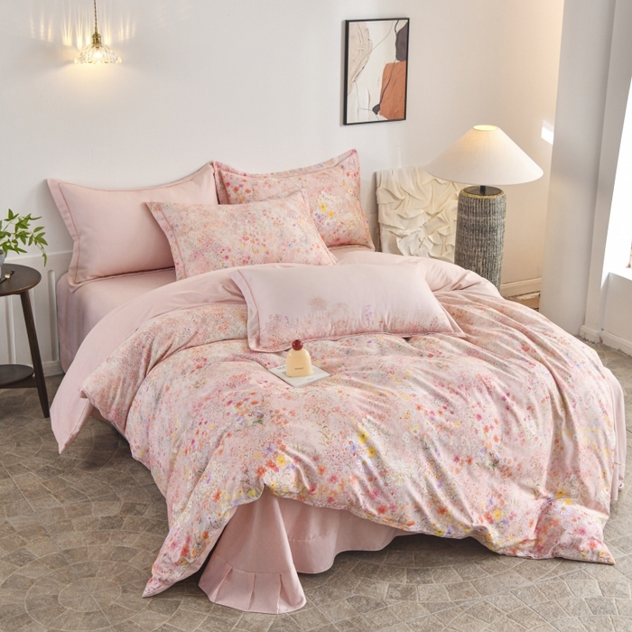 91家纺网 家纺一手货源 找家纺 磨毛世家家纺2025新款金太阳铂金四件套加厚四件套 蔓丘-粉