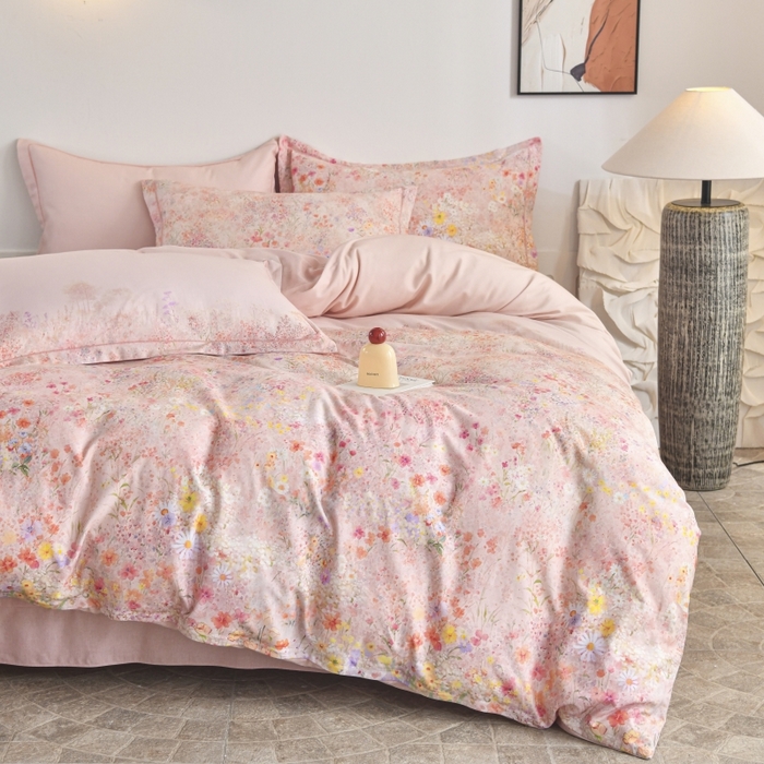 91家纺网 家纺一手货源 找家纺 磨毛世家家纺2025新款金太阳铂金四件套加厚四件套 蔓丘-粉