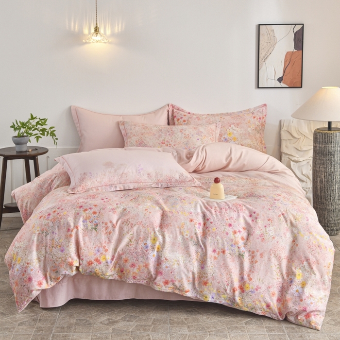 91家纺网 家纺一手货源 找家纺 磨毛世家家纺2025新款金太阳铂金四件套加厚四件套 蔓丘-粉