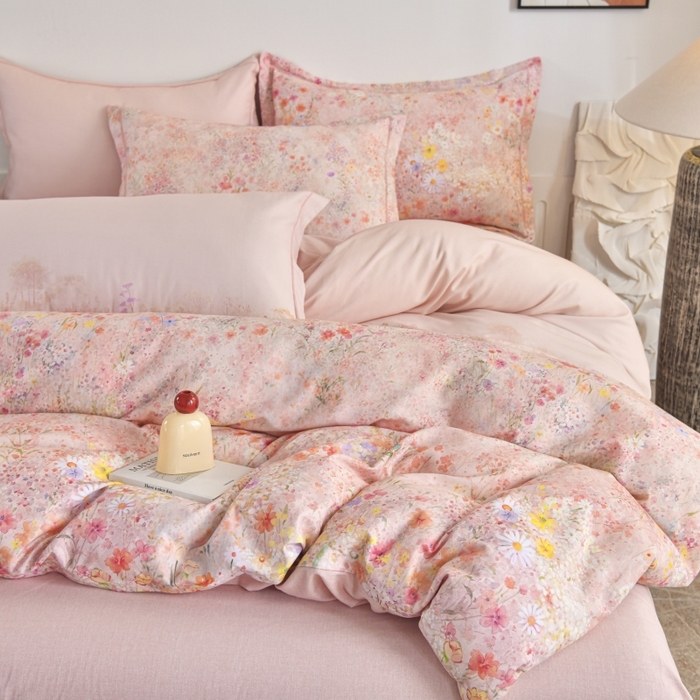 91家纺网 家纺一手货源 找家纺 磨毛世家家纺2025新款金太阳铂金四件套加厚四件套 蔓丘-粉