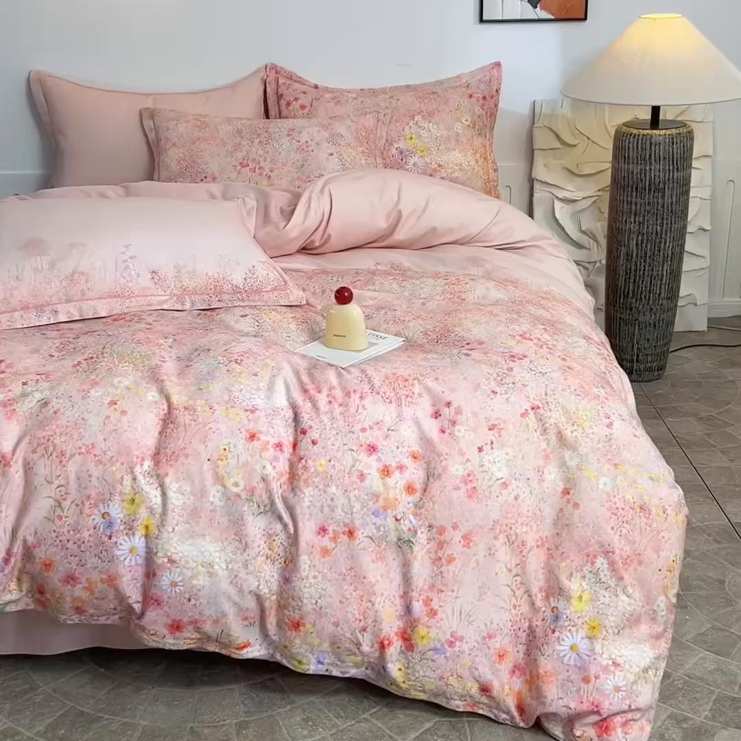 91家纺网 家纺一手货源 找家纺 磨毛世家家纺2025新款金太阳铂金四件套加厚四件套 蔓丘-粉