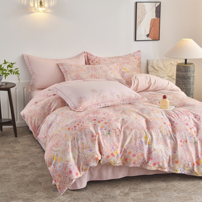 91家纺网 家纺一手货源 找家纺 磨毛世家家纺2025新款金太阳铂金四件套加厚四件套 蔓丘-粉