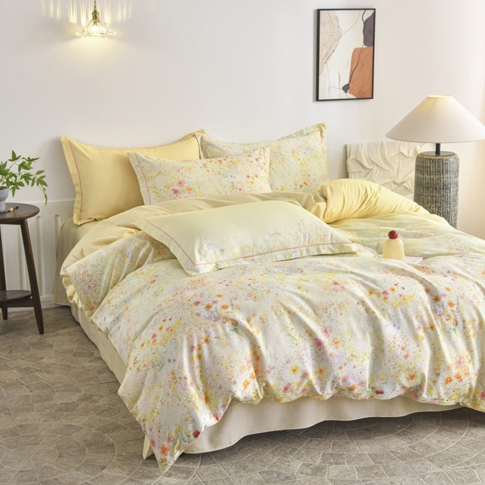 91家纺网 家纺一手货源 找家纺 磨毛世家家纺2025新款金太阳铂金四件套加厚四件套 蔓丘-黄