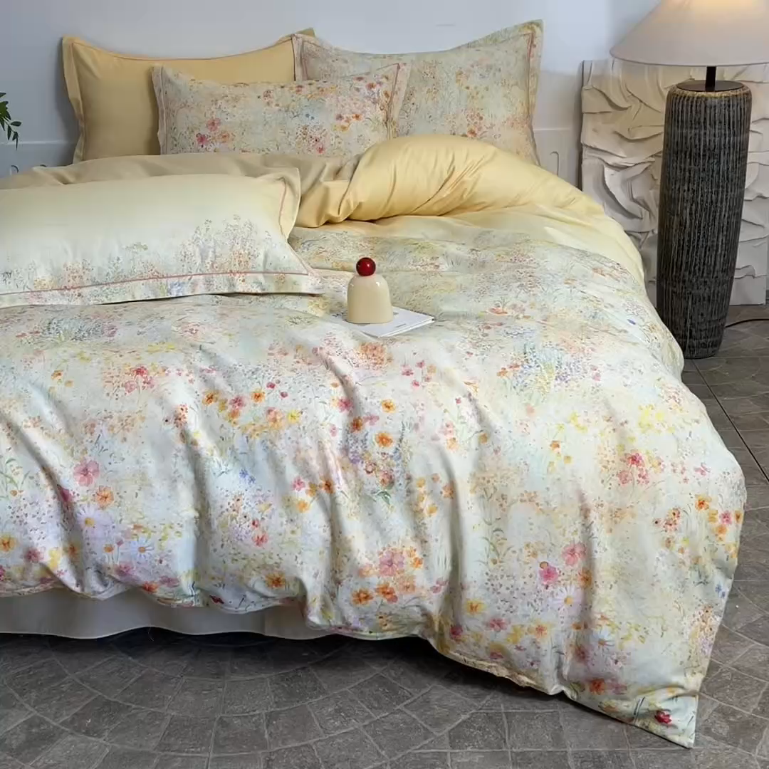 91家纺网 家纺一手货源 找家纺 磨毛世家家纺2025新款金太阳铂金四件套加厚四件套 蔓丘-黄