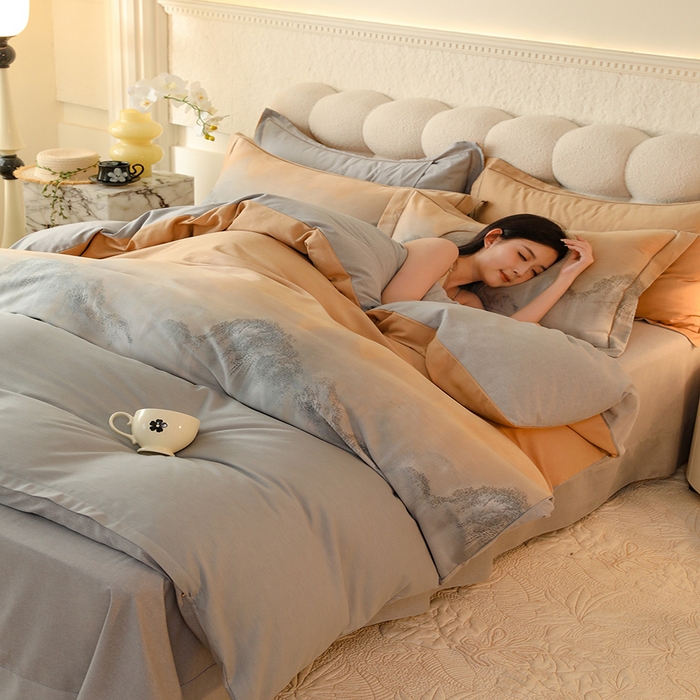 91家纺网 家纺一手货源 找家纺 磨毛世家家纺2025新款金太阳铂金四件套加厚四件套 秘境-黄