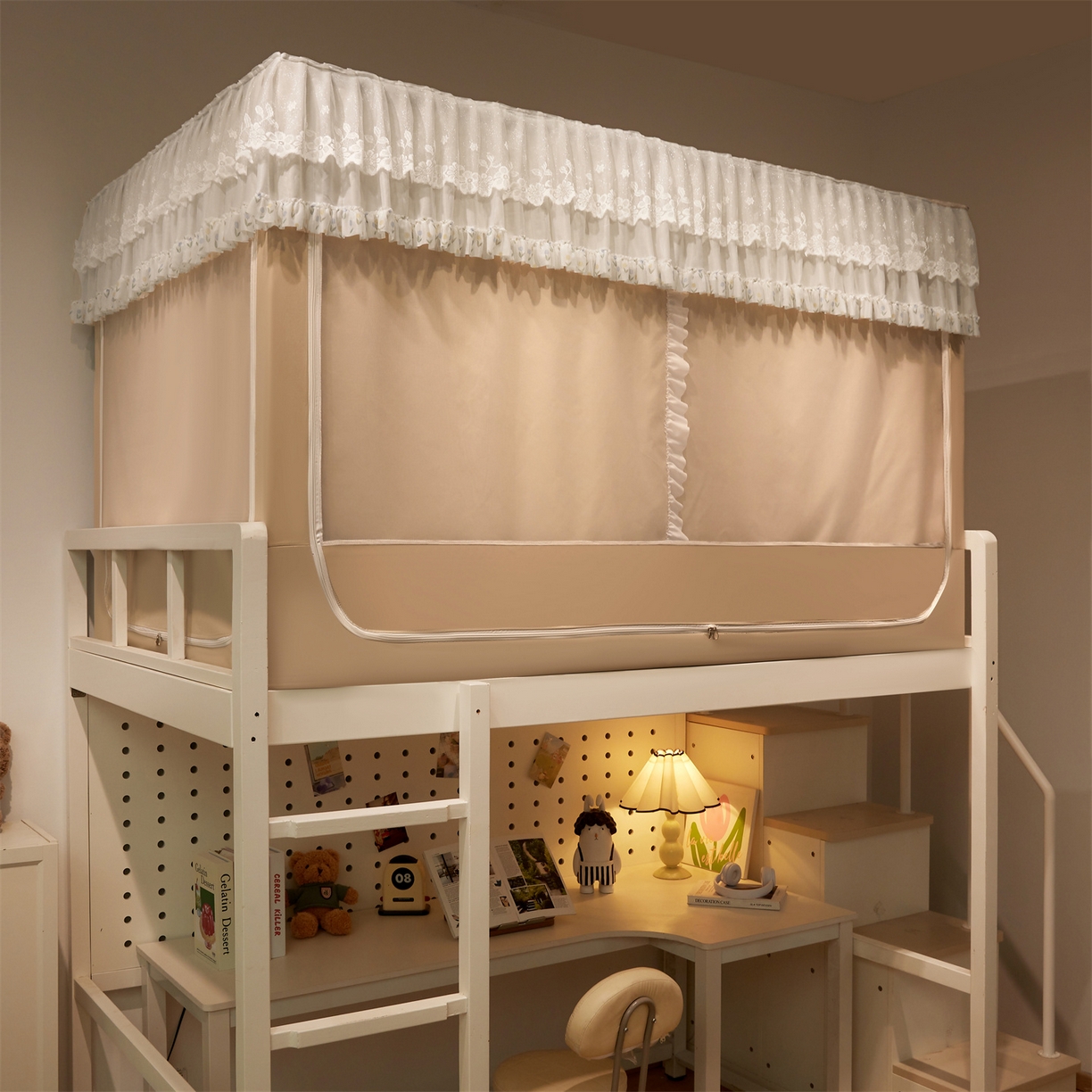 91家纺网 家纺一手货源 找家纺 笙意家纺 2025新款学生季学生宿舍遮光床帘蚊帐 花期-米白