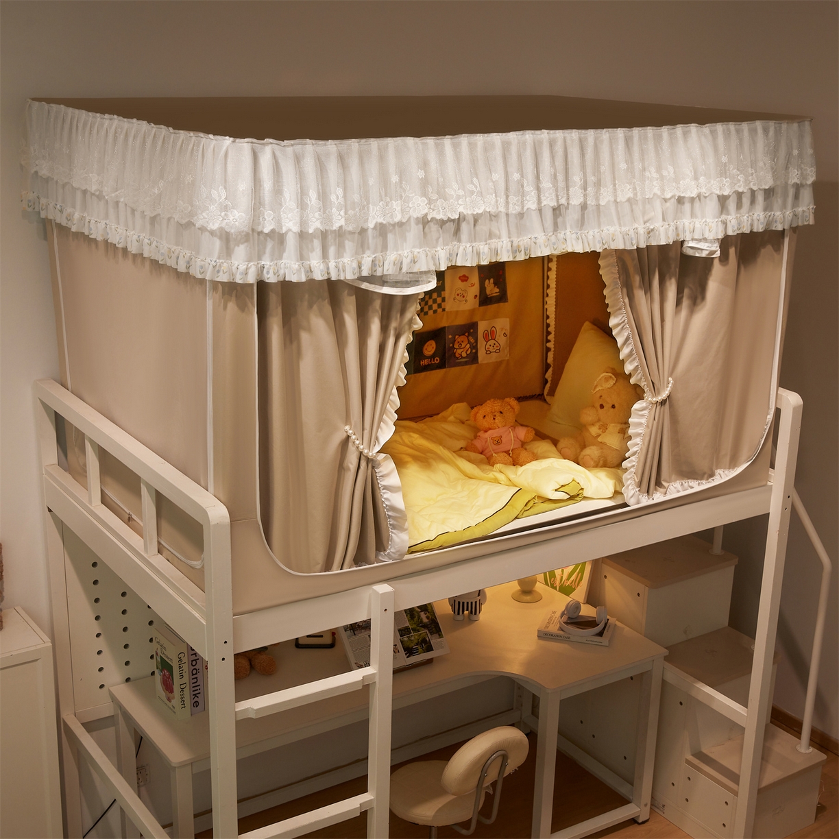 91家纺网 家纺一手货源 找家纺 笙意家纺 2025新款学生季学生宿舍遮光床帘蚊帐 花期-米白