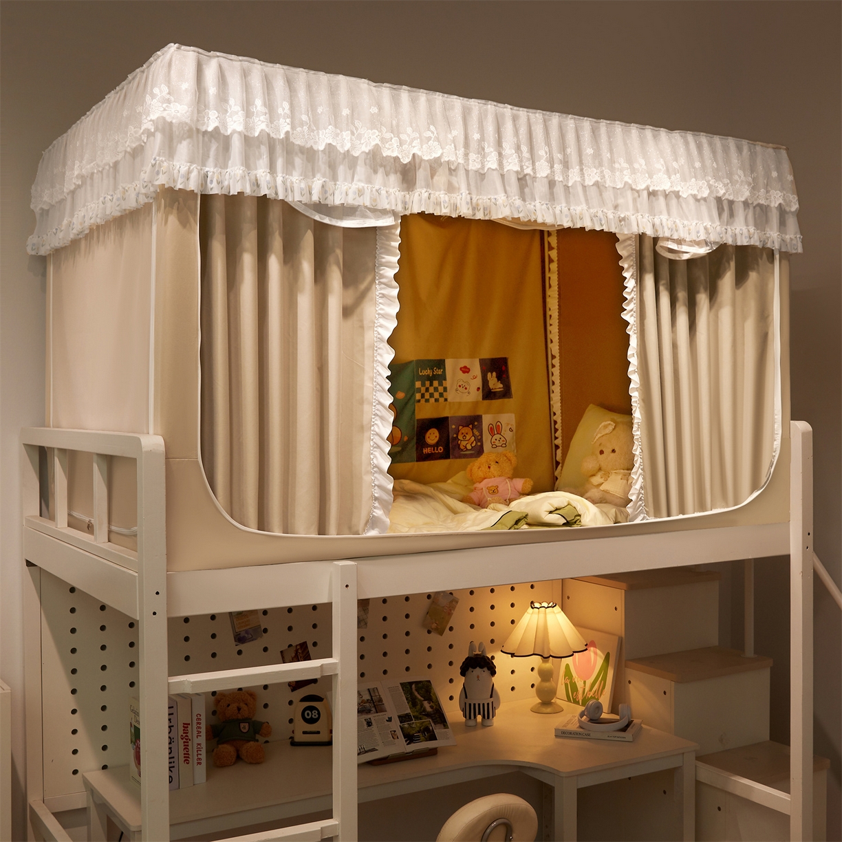 91家纺网 家纺一手货源 找家纺 笙意家纺 2025新款学生季学生宿舍遮光床帘蚊帐 花期-米白