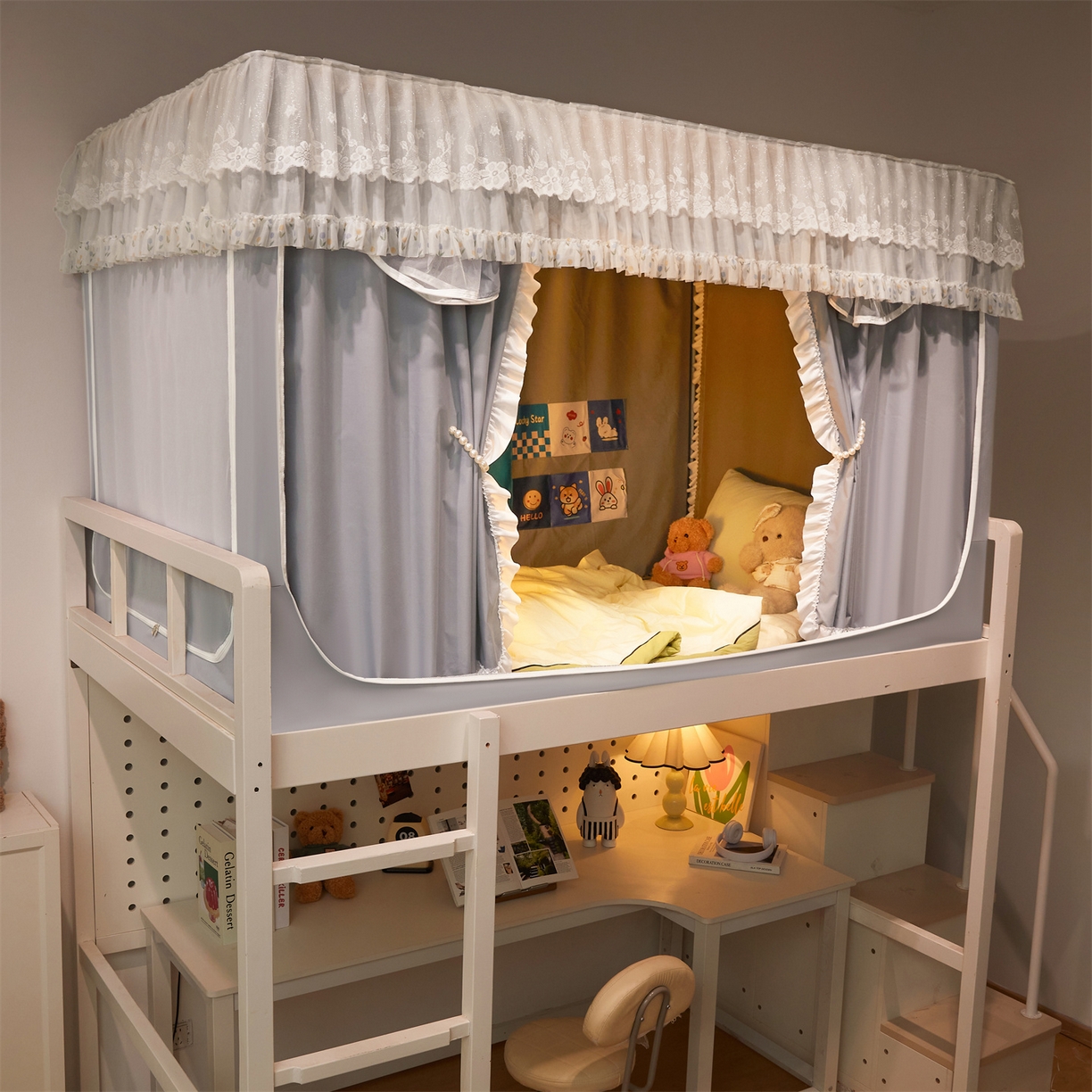 91家纺网 家纺一手货源 找家纺 笙意家纺 2025新款学生季学生宿舍遮光床帘蚊帐 花期-浅灰