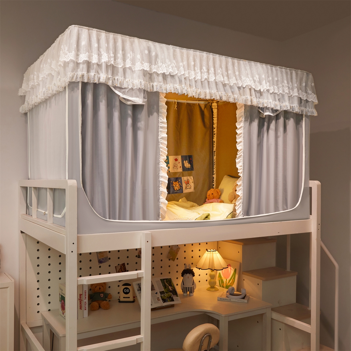 91家纺网 家纺一手货源 找家纺 笙意家纺 2025新款学生季学生宿舍遮光床帘蚊帐 花期-浅灰