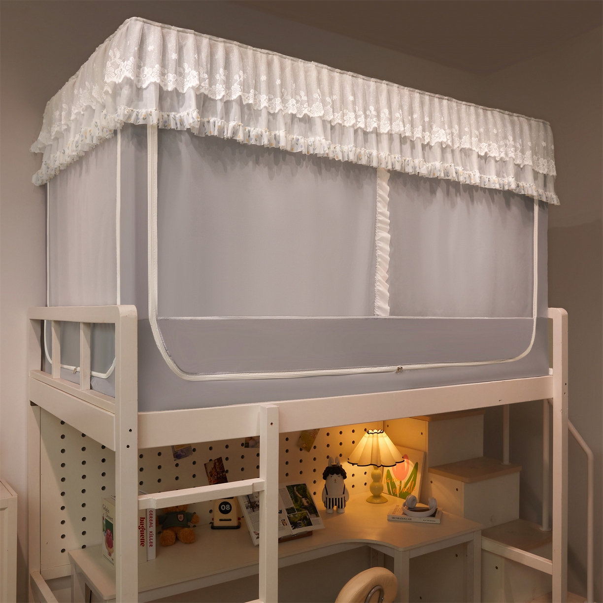 91家纺网 家纺一手货源 找家纺 笙意家纺 2025新款学生季学生宿舍遮光床帘蚊帐 花期-浅灰