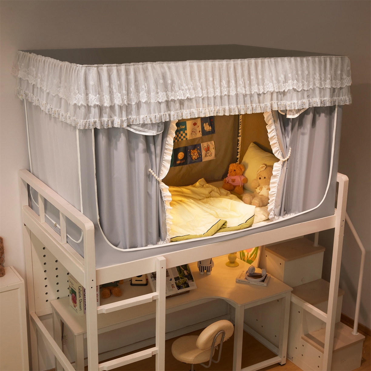 91家纺网 家纺一手货源 找家纺 笙意家纺 2025新款学生季学生宿舍遮光床帘蚊帐 花期-浅灰