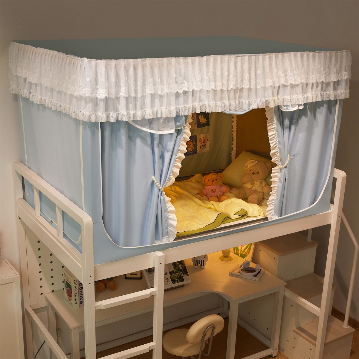 91家纺网 家纺一手货源 找家纺 笙意家纺 2025新款学生季学生宿舍遮光床帘蚊帐 花期-浅蓝